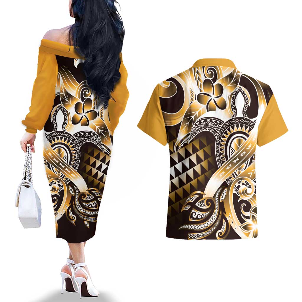 Aloha Gold Tribal Honu Tattoo Couples Matching Off The Shoulder Long Sleeve Dress and Hawaiian Shirt LT9 - Polynesian Pride