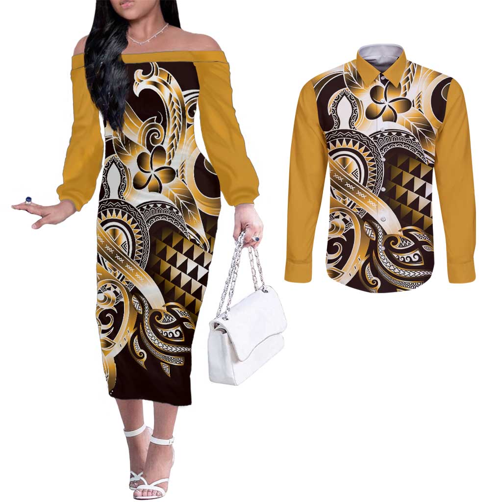 Aloha Gold Tribal Honu Tattoo Couples Matching Off The Shoulder Long Sleeve Dress and Long Sleeve Button Shirt LT9 Gold - Polynesian Pride