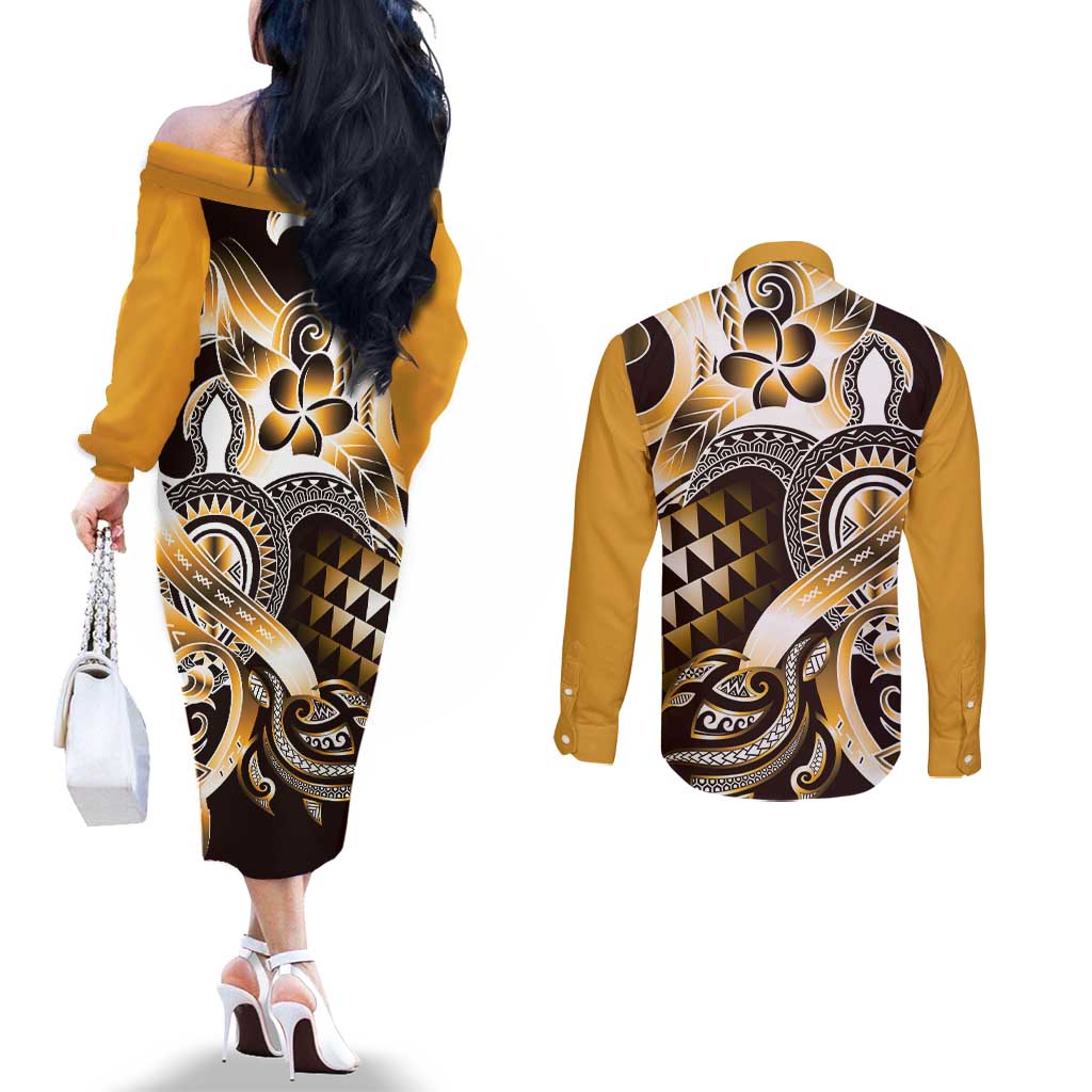 Aloha Gold Tribal Honu Tattoo Couples Matching Off The Shoulder Long Sleeve Dress and Long Sleeve Button Shirt LT9 - Polynesian Pride