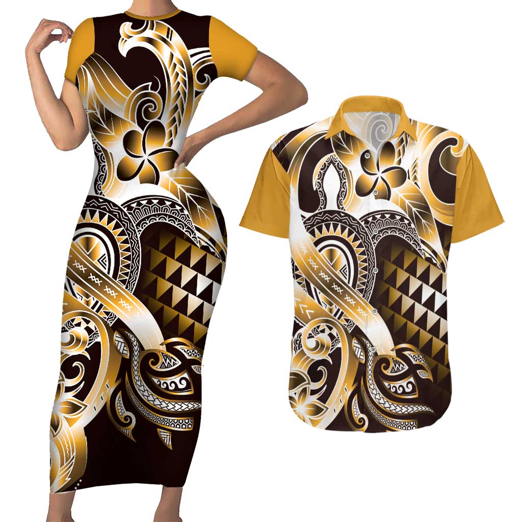 Aloha Gold Tribal Honu Tattoo Couples Matching Short Sleeve Bodycon Dress and Hawaiian Shirt LT9 Gold - Polynesian Pride