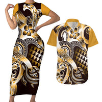 Aloha Gold Tribal Honu Tattoo Couples Matching Short Sleeve Bodycon Dress and Hawaiian Shirt LT9 Gold - Polynesian Pride