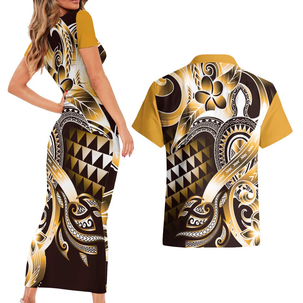 Aloha Gold Tribal Honu Tattoo Couples Matching Short Sleeve Bodycon Dress and Hawaiian Shirt LT9 - Polynesian Pride