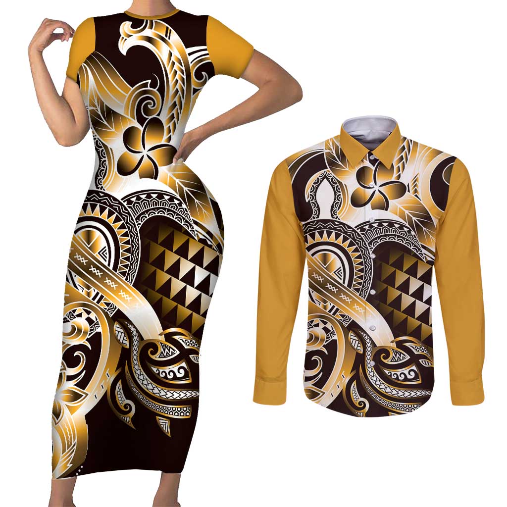 Aloha Gold Tribal Honu Tattoo Couples Matching Short Sleeve Bodycon Dress and Long Sleeve Button Shirt LT9 Gold - Polynesian Pride