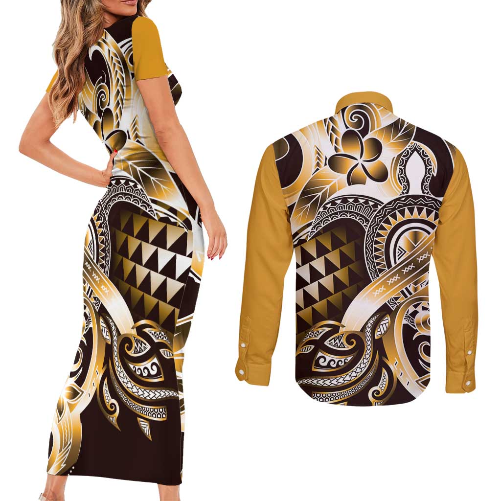 Aloha Gold Tribal Honu Tattoo Couples Matching Short Sleeve Bodycon Dress and Long Sleeve Button Shirt LT9 - Polynesian Pride