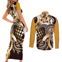 Aloha Gold Tribal Honu Tattoo Couples Matching Short Sleeve Bodycon Dress and Long Sleeve Button Shirt LT9 - Polynesian Pride