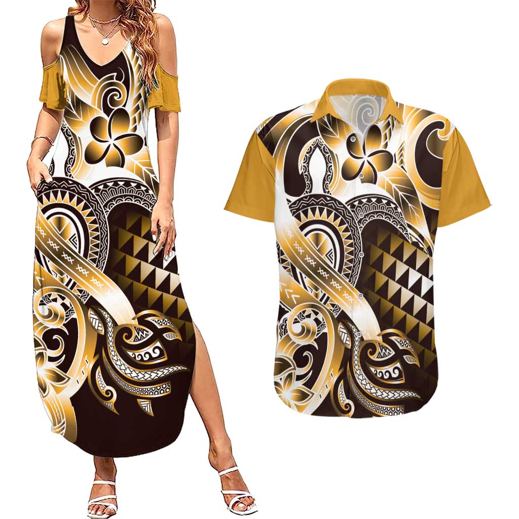 Aloha Gold Tribal Honu Tattoo Couples Matching Summer Maxi Dress and Hawaiian Shirt LT9 Gold - Polynesian Pride