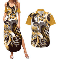 Aloha Gold Tribal Honu Tattoo Couples Matching Summer Maxi Dress and Hawaiian Shirt LT9 Gold - Polynesian Pride