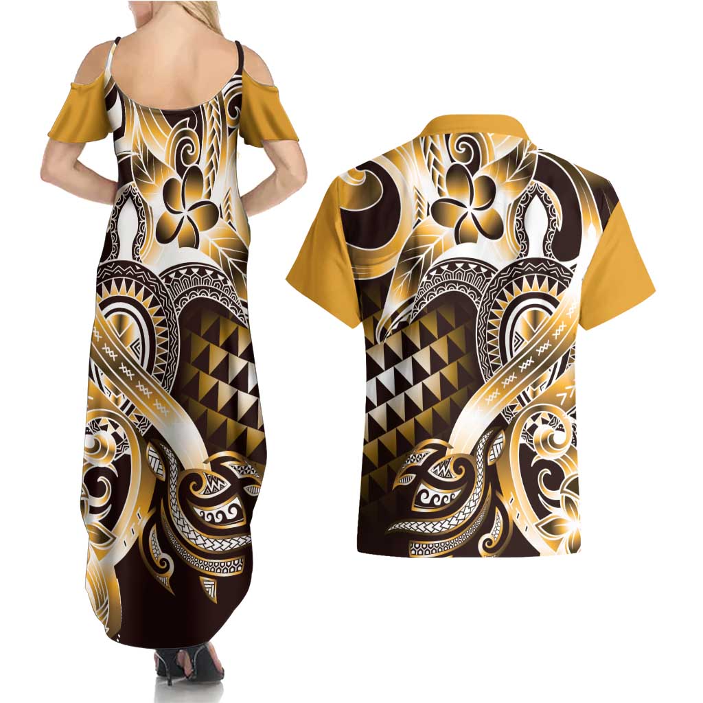 Aloha Gold Tribal Honu Tattoo Couples Matching Summer Maxi Dress and Hawaiian Shirt LT9 - Polynesian Pride