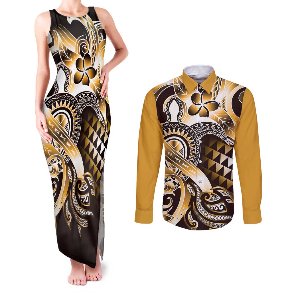 Aloha Gold Tribal Honu Tattoo Couples Matching Tank Maxi Dress and Long Sleeve Button Shirt LT9 Gold - Polynesian Pride
