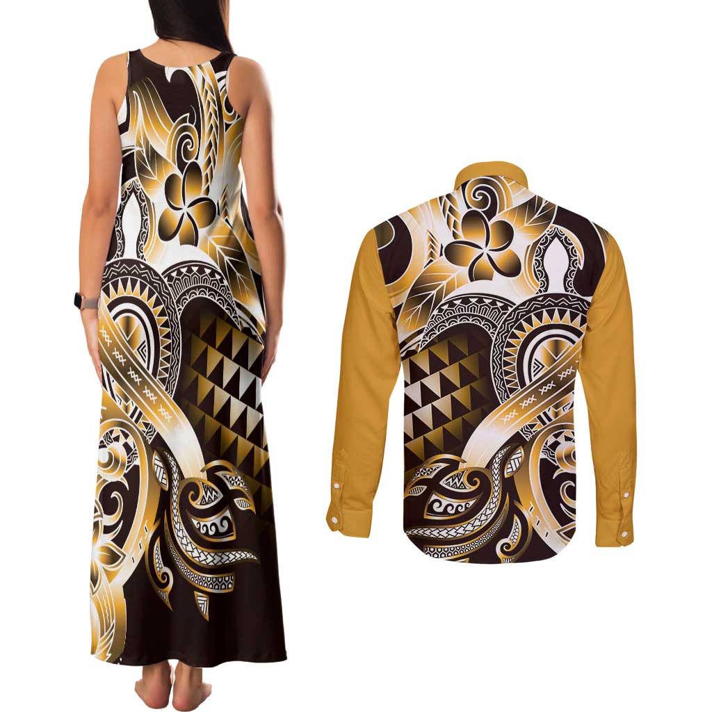 Aloha Gold Tribal Honu Tattoo Couples Matching Tank Maxi Dress and Long Sleeve Button Shirt LT9 - Polynesian Pride