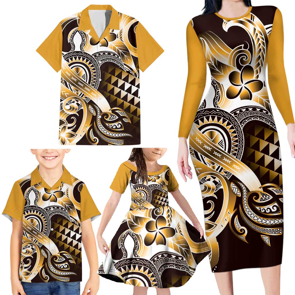 Aloha Gold Tribal Honu Tattoo Family Matching Long Sleeve Bodycon Dress and Hawaiian Shirt LT9 - Polynesian Pride