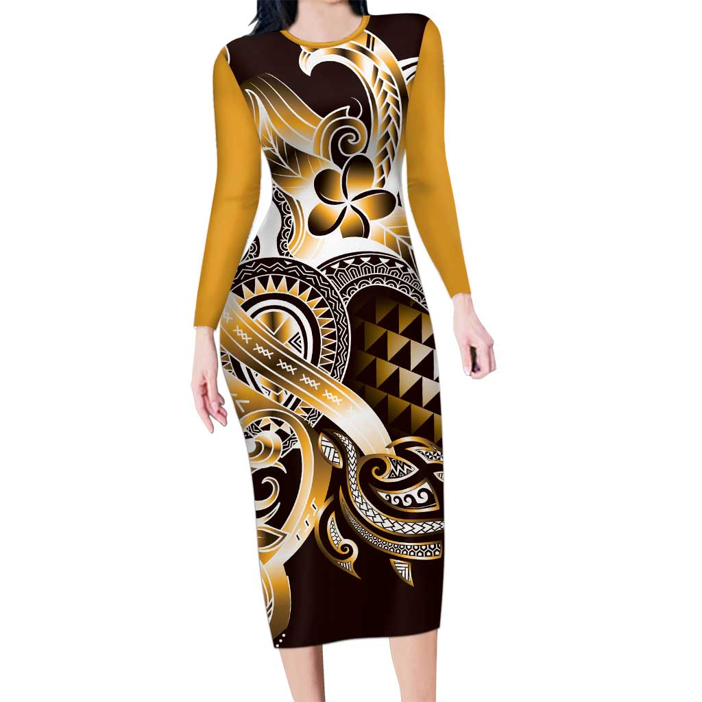 Aloha Gold Tribal Honu Tattoo Family Matching Long Sleeve Bodycon Dress and Hawaiian Shirt LT9 Mom's Dress Gold - Polynesian Pride