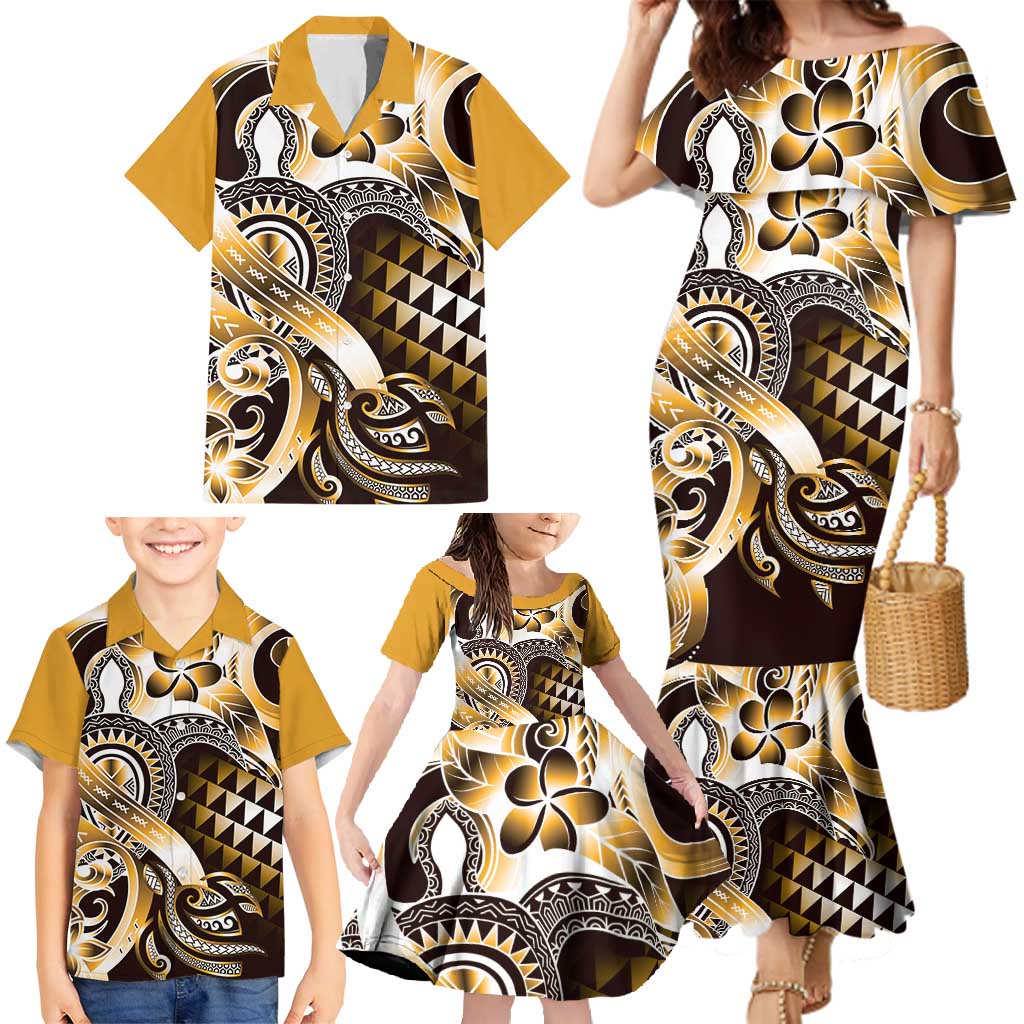 Aloha Gold Tribal Honu Tattoo Family Matching Mermaid Dress and Hawaiian Shirt LT9 - Polynesian Pride