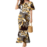 Aloha Gold Tribal Honu Tattoo Family Matching Mermaid Dress and Hawaiian Shirt LT9 Mom's Dress Gold - Polynesian Pride