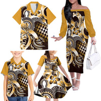 Aloha Gold Tribal Honu Tattoo Family Matching Off The Shoulder Long Sleeve Dress and Hawaiian Shirt LT9 - Polynesian Pride