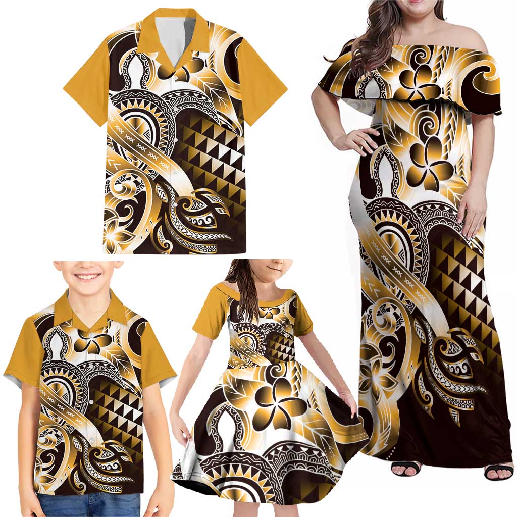 Aloha Gold Tribal Honu Tattoo Family Matching Off Shoulder Maxi Dress and Hawaiian Shirt LT9 - Polynesian Pride
