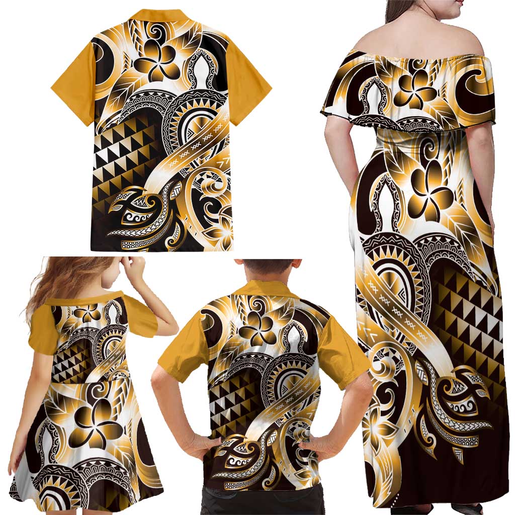Aloha Gold Tribal Honu Tattoo Family Matching Off Shoulder Maxi Dress and Hawaiian Shirt LT9 - Polynesian Pride