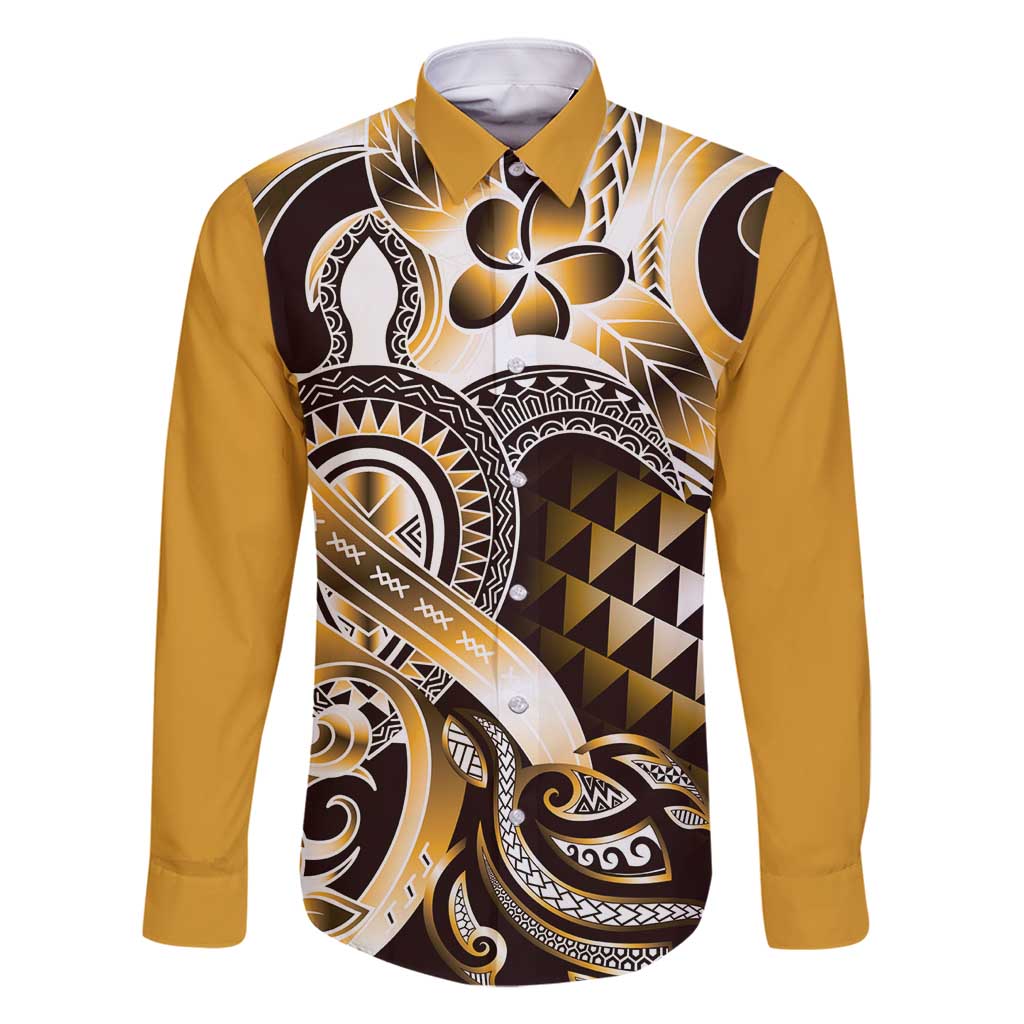 Aloha Gold Tribal Honu Tattoo Family Matching Off Shoulder Maxi Dress and Hawaiian Shirt LT9 Dad's Shirt - Long Sleeve Gold - Polynesian Pride