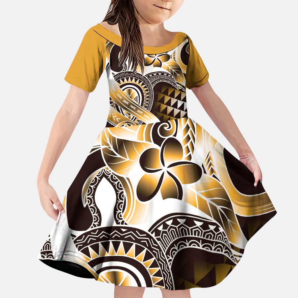Aloha Gold Tribal Honu Tattoo Family Matching Puletasi and Hawaiian Shirt LT9 Daughter's Dress Gold - Polynesian Pride