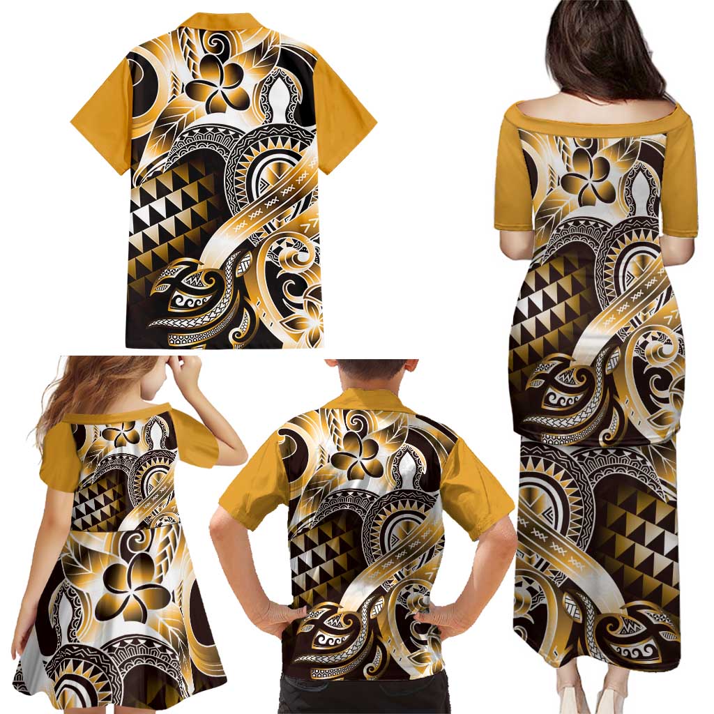 Aloha Gold Tribal Honu Tattoo Family Matching Puletasi and Hawaiian Shirt LT9 - Polynesian Pride