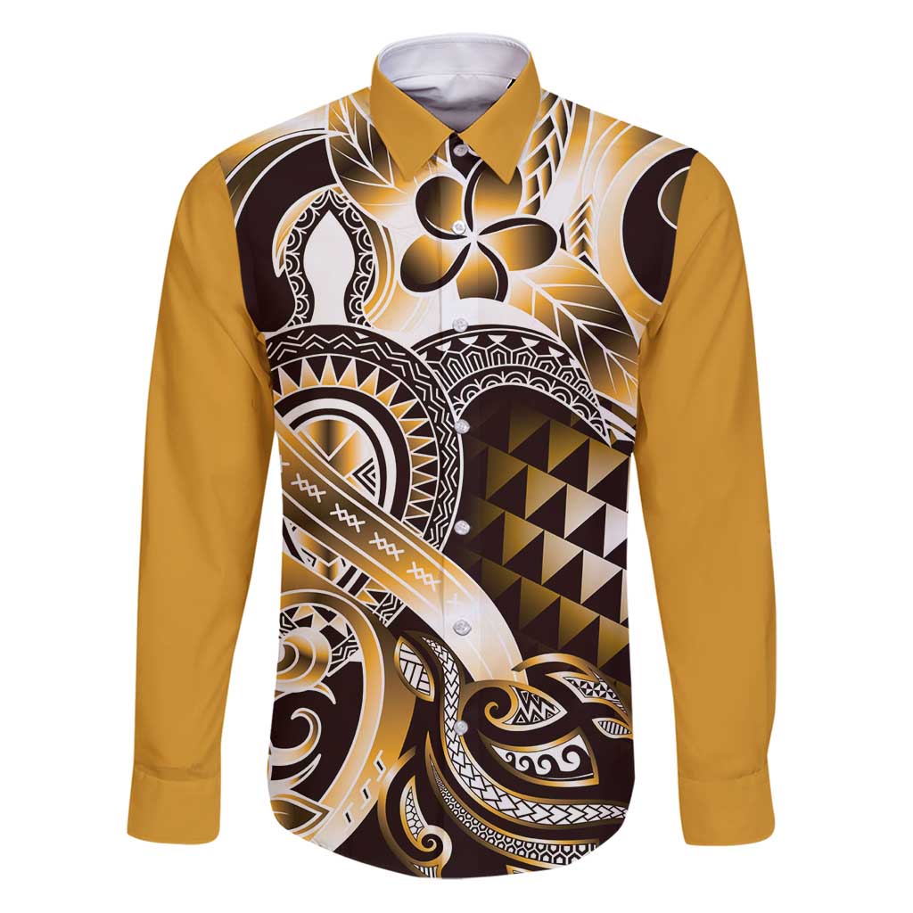 Aloha Gold Tribal Honu Tattoo Family Matching Puletasi and Hawaiian Shirt LT9 Dad's Shirt - Long Sleeve Gold - Polynesian Pride