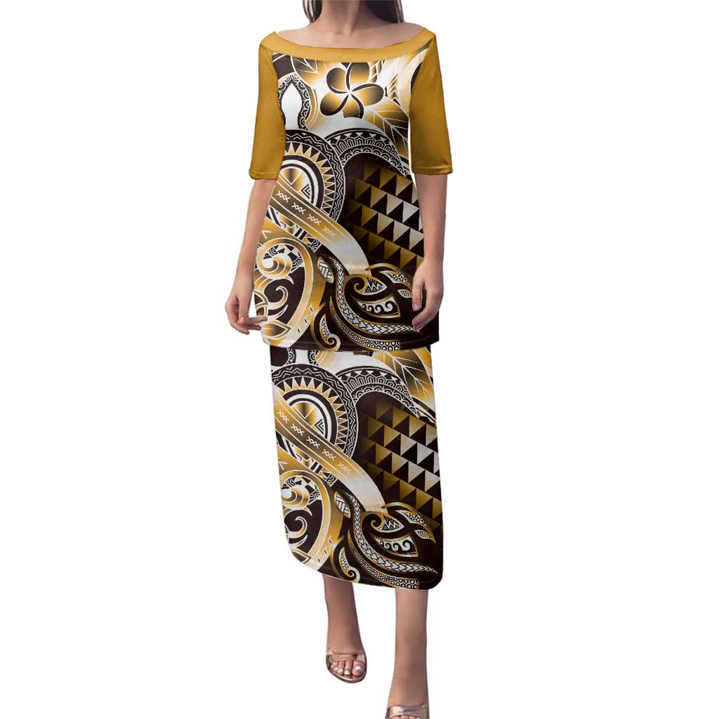 Aloha Gold Tribal Honu Tattoo Family Matching Puletasi and Hawaiian Shirt LT9 Mom's Dress Gold - Polynesian Pride