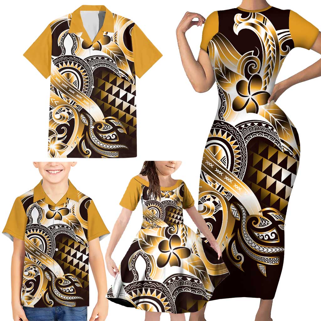 Aloha Gold Tribal Honu Tattoo Family Matching Short Sleeve Bodycon Dress and Hawaiian Shirt LT9 - Polynesian Pride