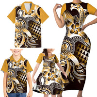 Aloha Gold Tribal Honu Tattoo Family Matching Short Sleeve Bodycon Dress and Hawaiian Shirt LT9 - Polynesian Pride