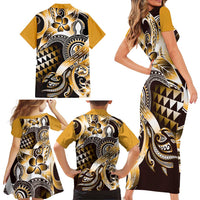 Aloha Gold Tribal Honu Tattoo Family Matching Short Sleeve Bodycon Dress and Hawaiian Shirt LT9 - Polynesian Pride