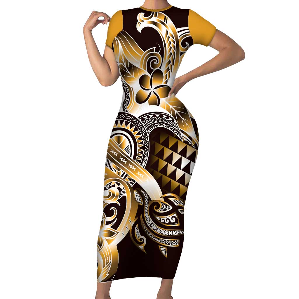 Aloha Gold Tribal Honu Tattoo Family Matching Short Sleeve Bodycon Dress and Hawaiian Shirt LT9 Mom's Dress Gold - Polynesian Pride