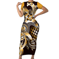Aloha Gold Tribal Honu Tattoo Family Matching Short Sleeve Bodycon Dress and Hawaiian Shirt LT9 Mom's Dress Gold - Polynesian Pride