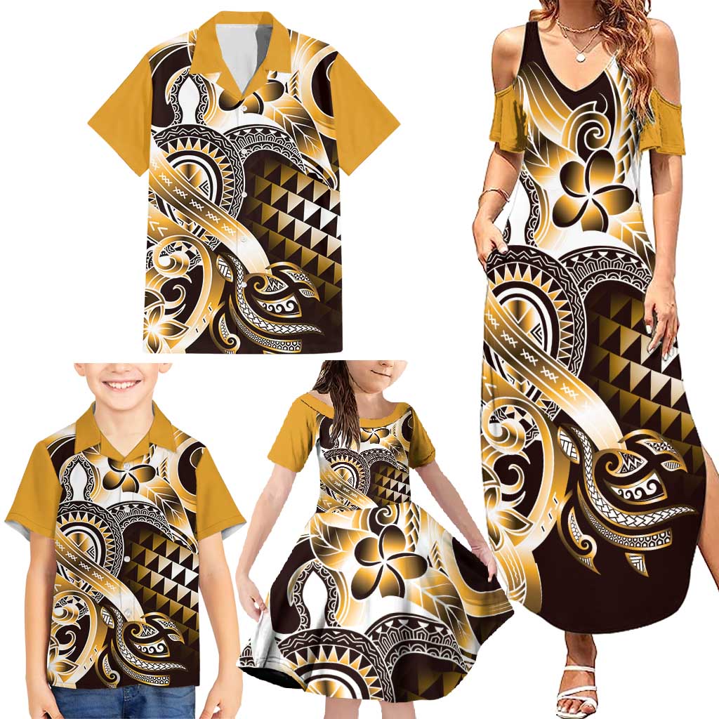 Aloha Gold Tribal Honu Tattoo Family Matching Summer Maxi Dress and Hawaiian Shirt LT9 - Polynesian Pride