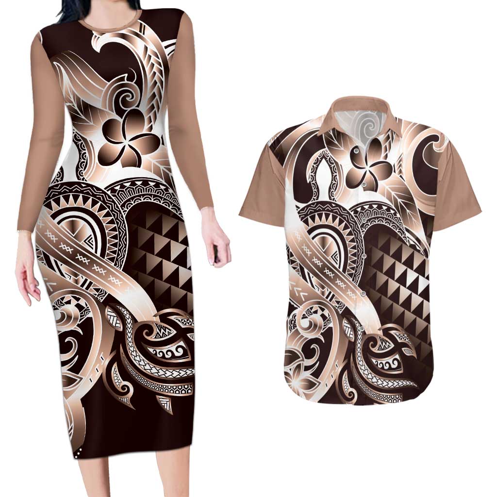 Aloha Mocha Mousse Tribal Honu Tattoo Couples Matching Long Sleeve Bodycon Dress and Hawaiian Shirt LT9 Mocha Mousse - Polynesian Pride