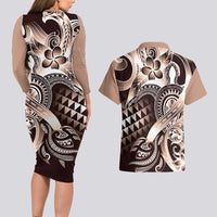 Aloha Mocha Mousse Tribal Honu Tattoo Couples Matching Long Sleeve Bodycon Dress and Hawaiian Shirt LT9 - Polynesian Pride