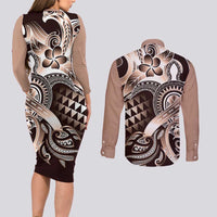 Aloha Mocha Mousse Tribal Honu Tattoo Couples Matching Long Sleeve Bodycon Dress and Long Sleeve Button Shirt LT9 - Polynesian Pride