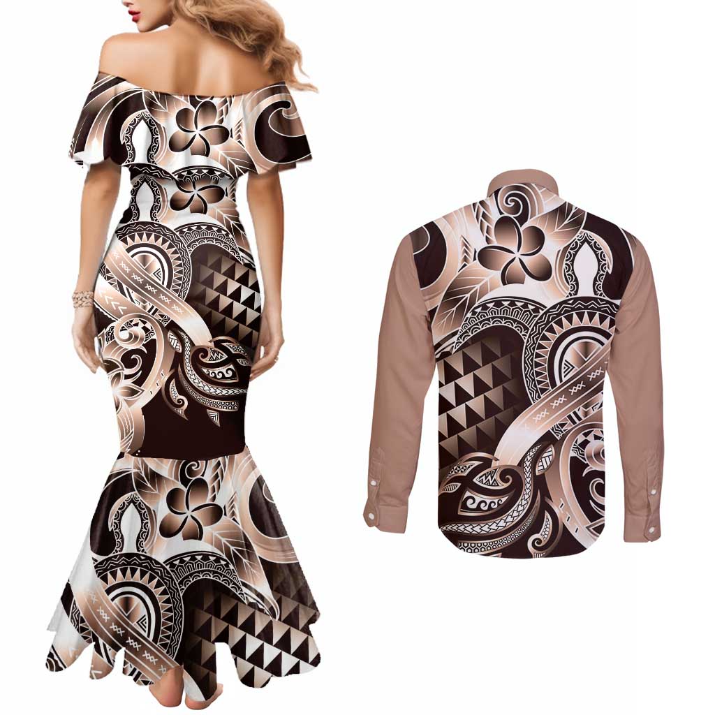 Aloha Mocha Mousse Tribal Honu Tattoo Couples Matching Mermaid Dress and Long Sleeve Button Shirt LT9 - Polynesian Pride