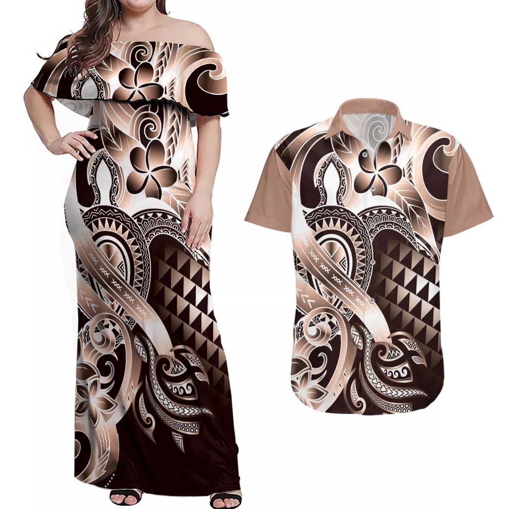 Aloha Mocha Mousse Tribal Honu Tattoo Couples Matching Off Shoulder Maxi Dress and Hawaiian Shirt LT9 Mocha Mousse - Polynesian Pride