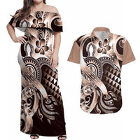 Aloha Mocha Mousse Tribal Honu Tattoo Couples Matching Off Shoulder Maxi Dress and Hawaiian Shirt LT9 Mocha Mousse - Polynesian Pride