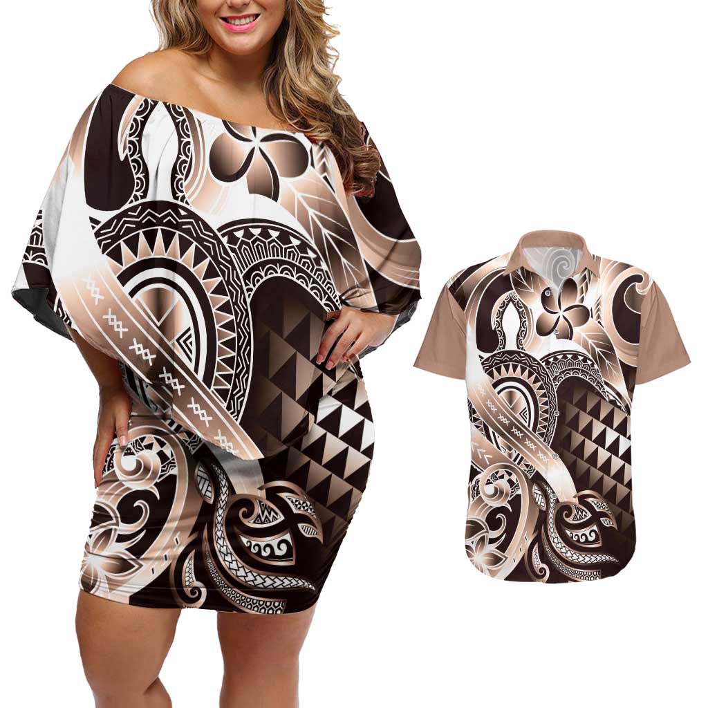 Aloha Mocha Mousse Tribal Honu Tattoo Couples Matching Off Shoulder Short Dress and Hawaiian Shirt LT9 Mocha Mousse - Polynesian Pride