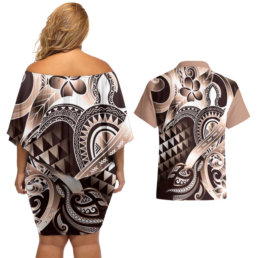 Aloha Mocha Mousse Tribal Honu Tattoo Couples Matching Off Shoulder Short Dress and Hawaiian Shirt LT9 - Polynesian Pride