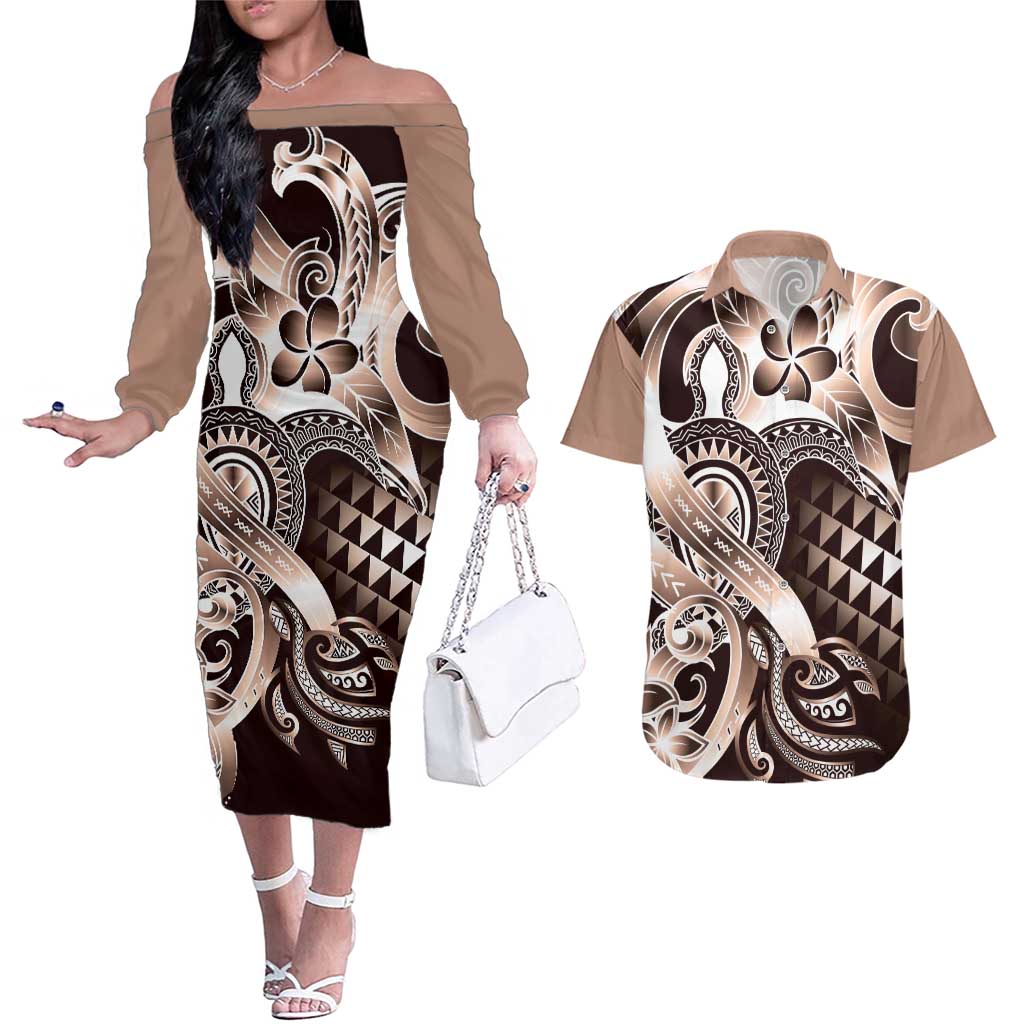 Aloha Mocha Mousse Tribal Honu Tattoo Couples Matching Off The Shoulder Long Sleeve Dress and Hawaiian Shirt LT9 Mocha Mousse - Polynesian Pride
