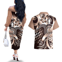 Aloha Mocha Mousse Tribal Honu Tattoo Couples Matching Off The Shoulder Long Sleeve Dress and Hawaiian Shirt LT9 - Polynesian Pride