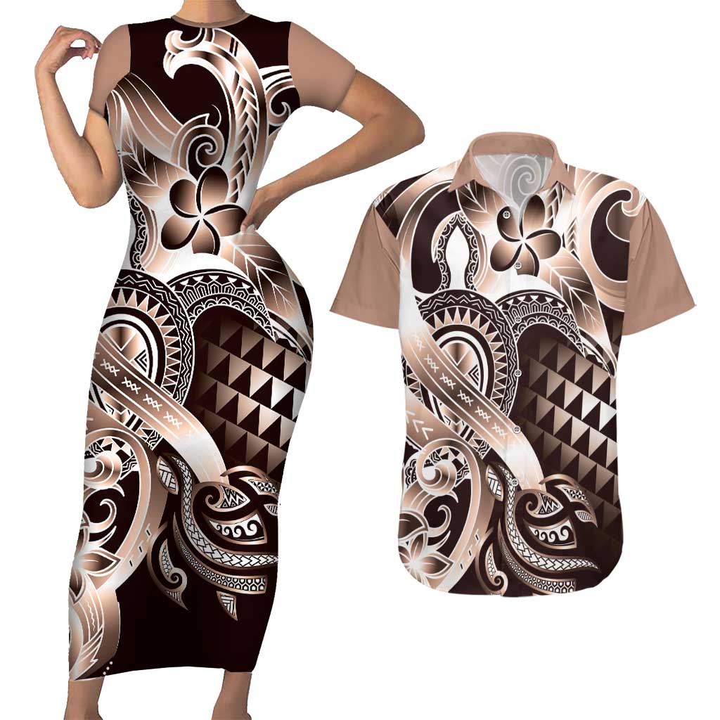 Aloha Mocha Mousse Tribal Honu Tattoo Couples Matching Short Sleeve Bodycon Dress and Hawaiian Shirt LT9 Mocha Mousse - Polynesian Pride