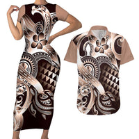 Aloha Mocha Mousse Tribal Honu Tattoo Couples Matching Short Sleeve Bodycon Dress and Hawaiian Shirt LT9 Mocha Mousse - Polynesian Pride