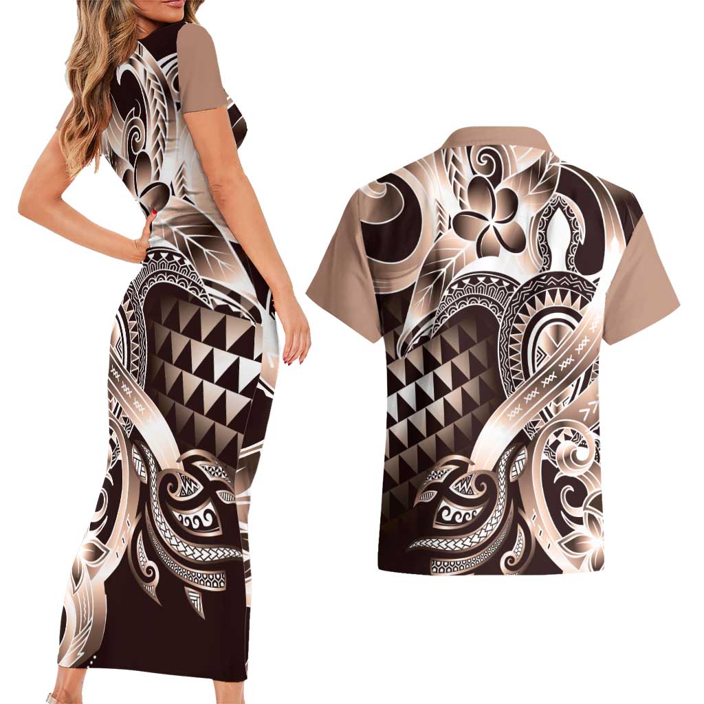 Aloha Mocha Mousse Tribal Honu Tattoo Couples Matching Short Sleeve Bodycon Dress and Hawaiian Shirt LT9 - Polynesian Pride