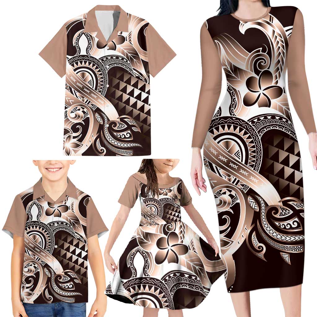 Aloha Mocha Mousse Tribal Honu Tattoo Family Matching Long Sleeve Bodycon Dress and Hawaiian Shirt LT9 - Polynesian Pride