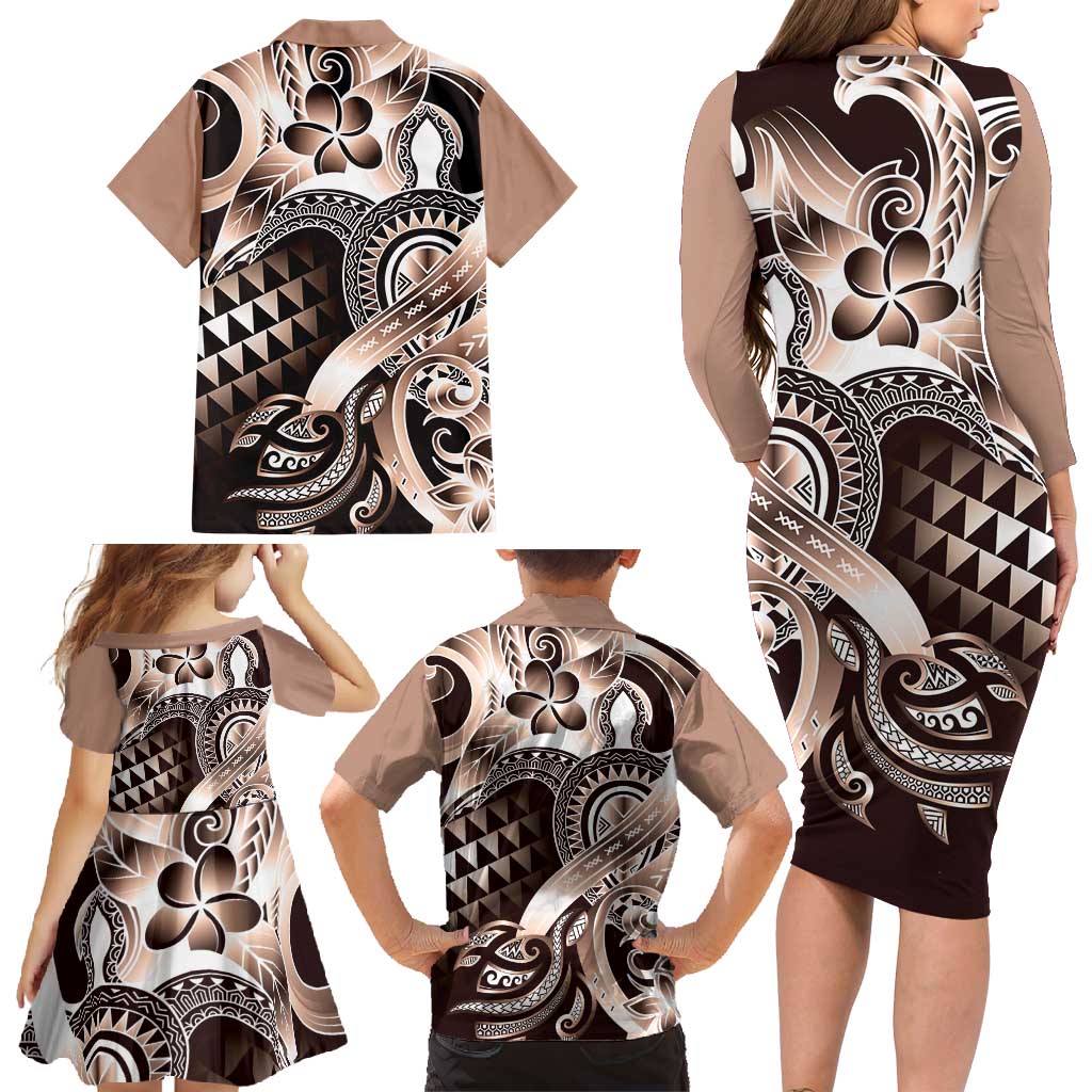 Aloha Mocha Mousse Tribal Honu Tattoo Family Matching Long Sleeve Bodycon Dress and Hawaiian Shirt LT9 - Polynesian Pride