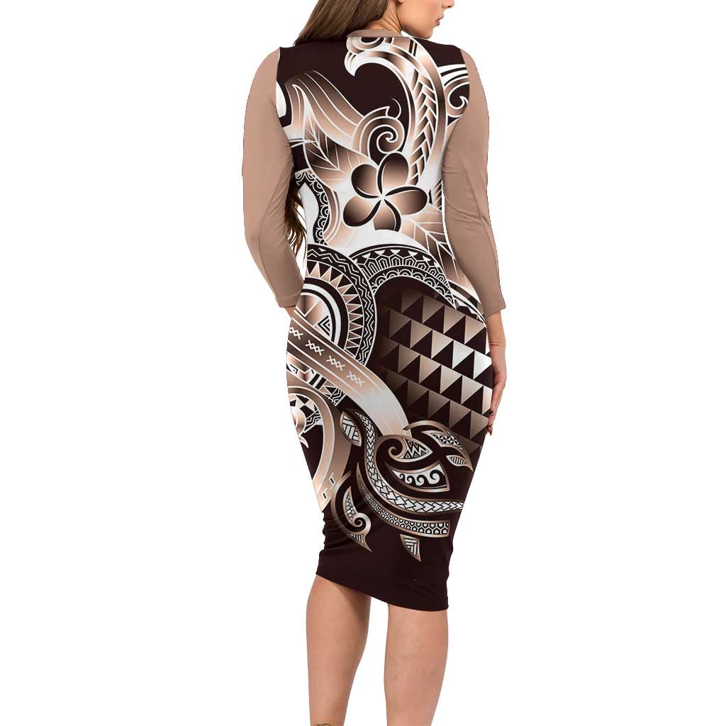 Aloha Mocha Mousse Tribal Honu Tattoo Family Matching Long Sleeve Bodycon Dress and Hawaiian Shirt LT9 - Polynesian Pride