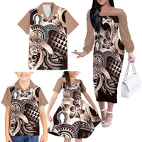 Aloha Mocha Mousse Tribal Honu Tattoo Family Matching Off The Shoulder Long Sleeve Dress and Hawaiian Shirt LT9 - Polynesian Pride