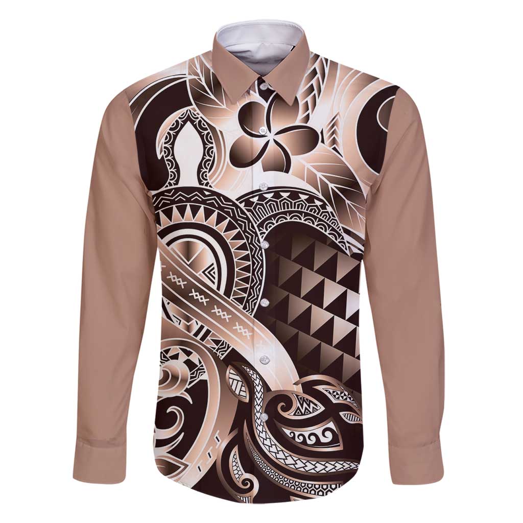 Aloha Mocha Mousse Tribal Honu Tattoo Family Matching Off Shoulder Short Dress and Hawaiian Shirt LT9 Dad's Shirt - Long Sleeve Mocha Mousse - Polynesian Pride